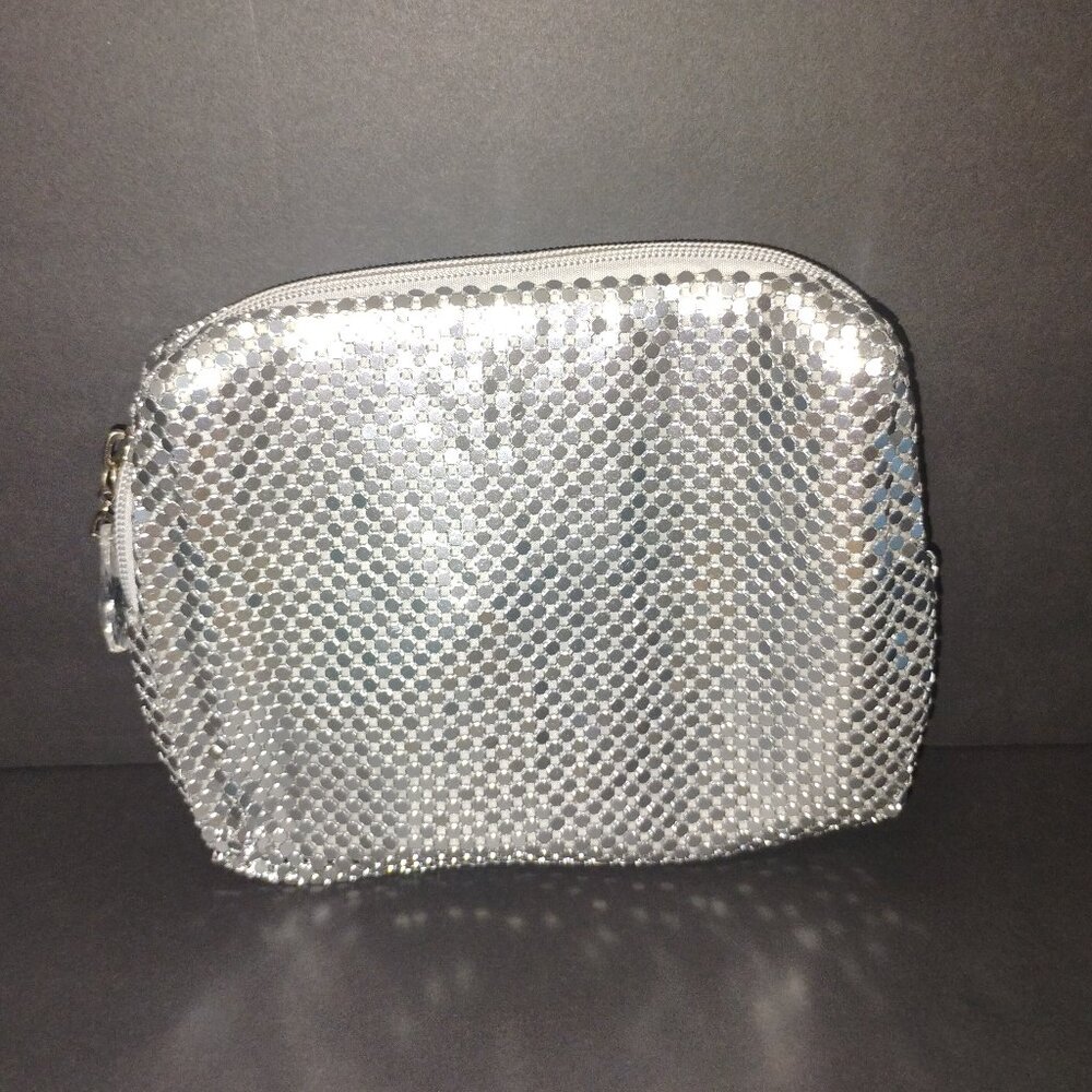 Chic Silver Makeup Bag / Clutch – Faux Crystal Zipper Pull – Gently Used